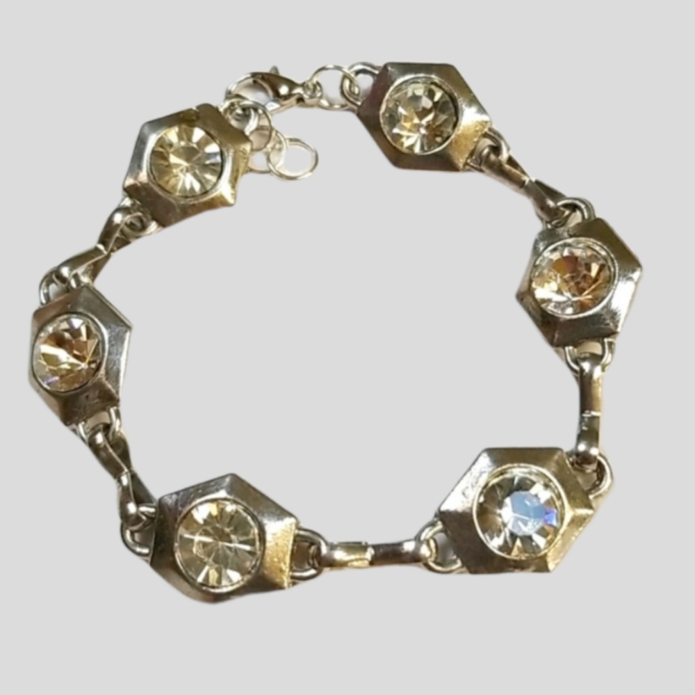 Hand Crafted Repurposed Vintage 1950s Rhinestone Silvertone Bracelet